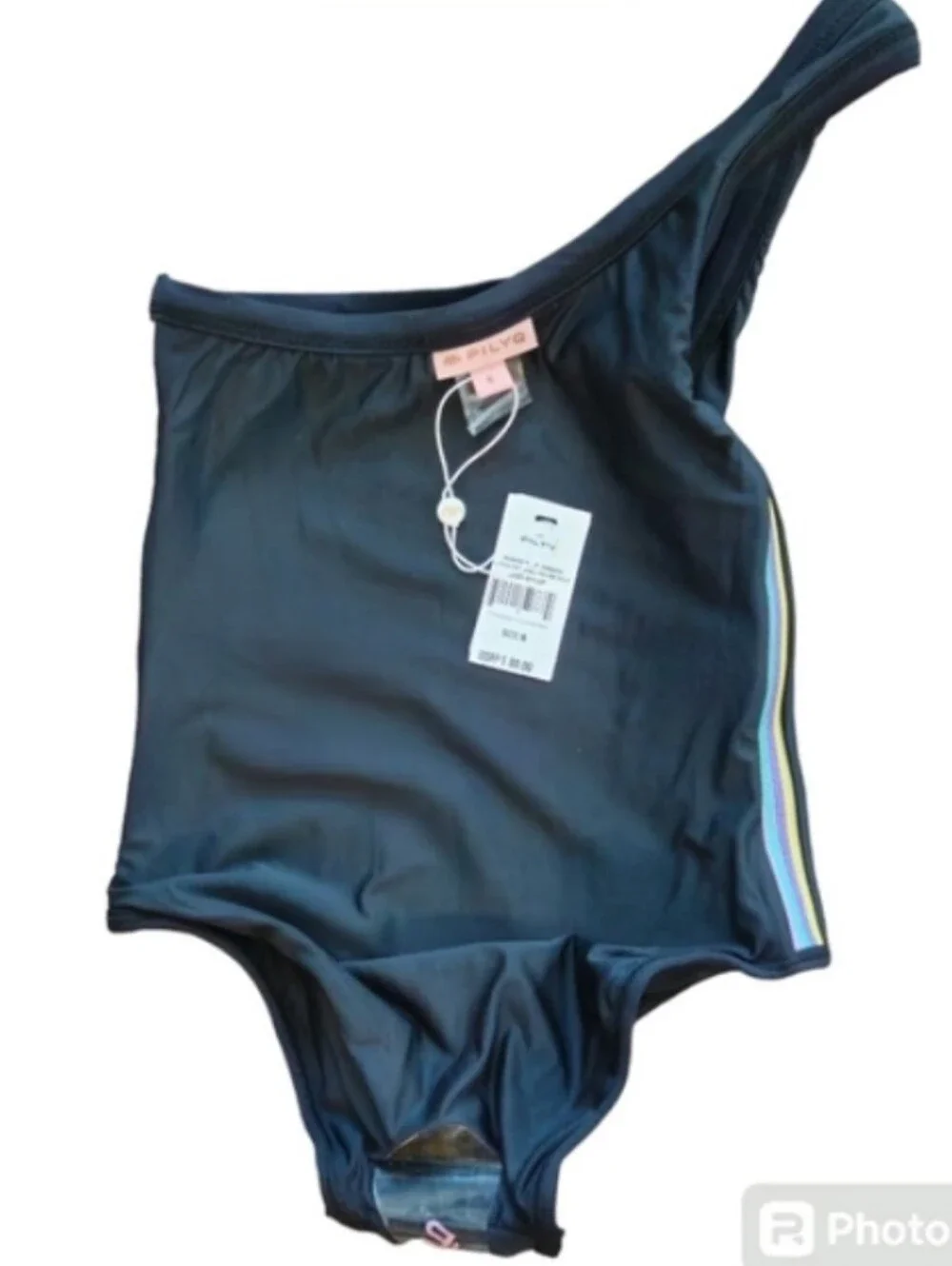 PilyQ Black w/ Rainbow Metallic Stripe One Shoulder One-Piece Girl's Size 6